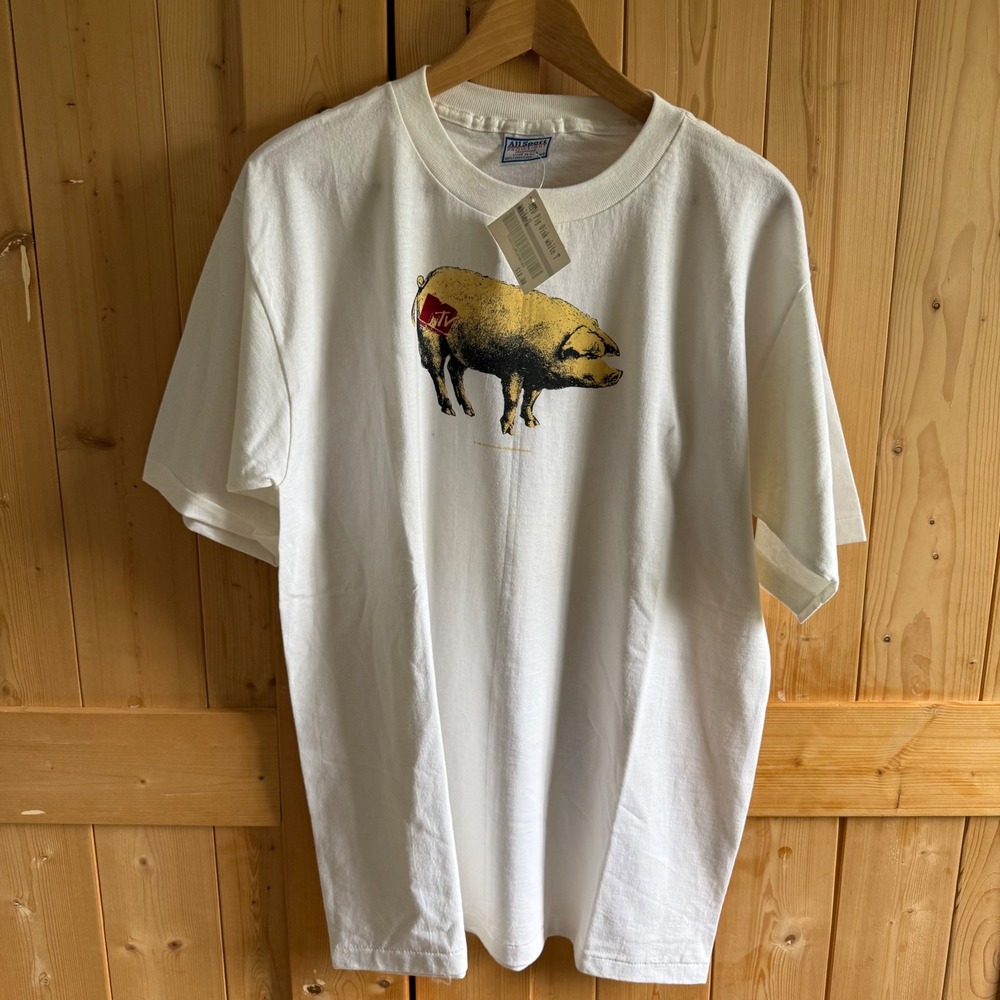 Vintage 1996 MTV Pig Oink Graphic T-Shirt All Sport Proweight White Mens Large